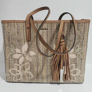 Calvin Klein Tote  Bag Brown/Tan With Floral Aplique
